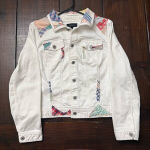 Talbots Large White Denim Jacket with Patchwork Accents